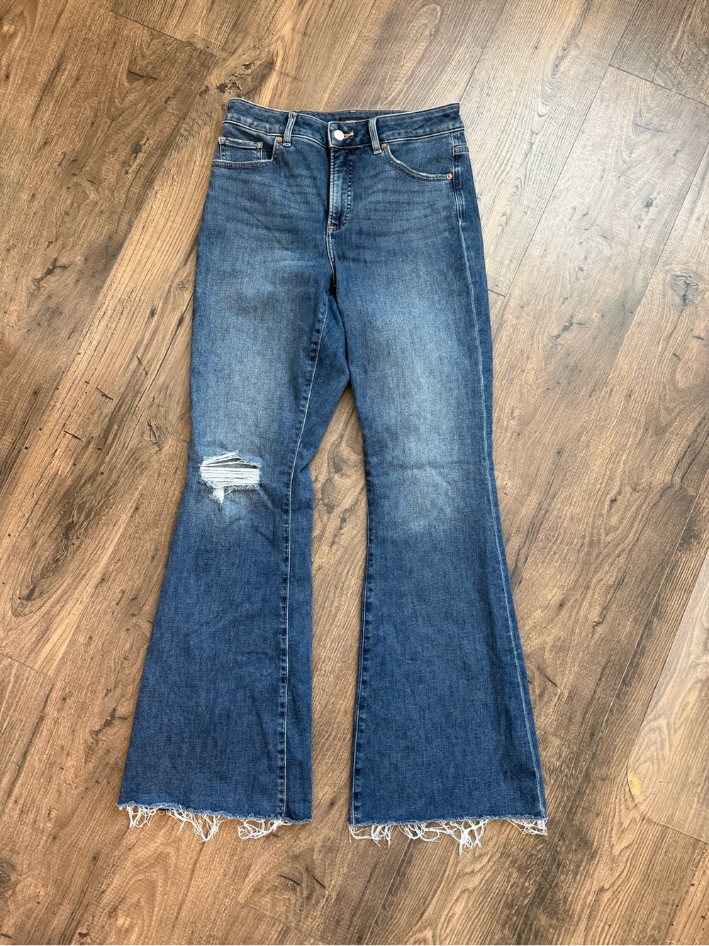 Express Flare Jeans with Distressed Knee & Raw Hem - Size 8R